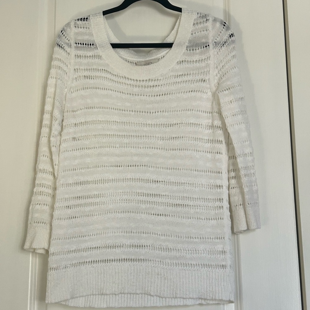 LOFT White Crew Neck Lightweight Knit Coverup Sweater Women’s Size Medium